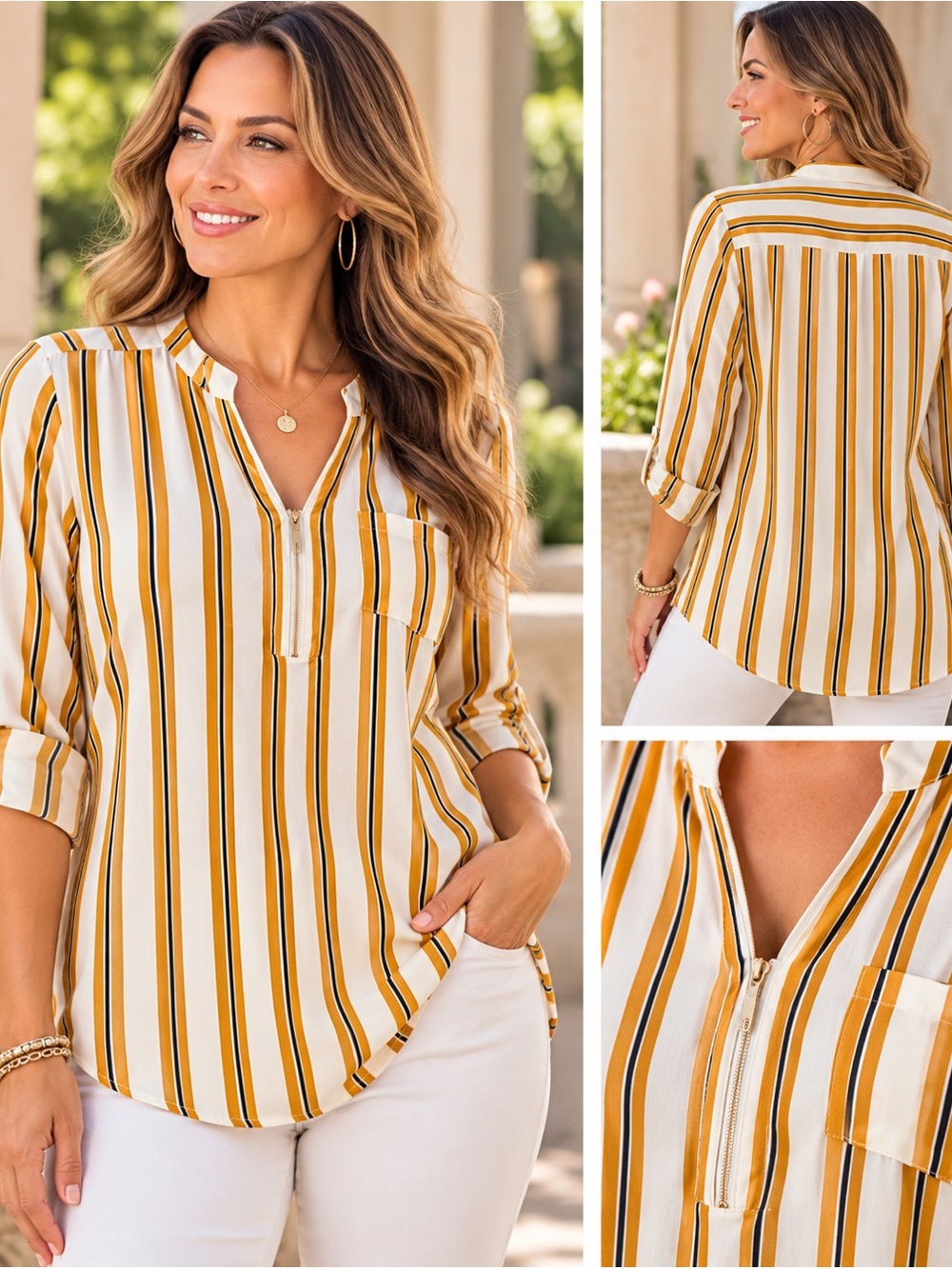 Blue Mood Cream and Mustard Striped Tunic Top